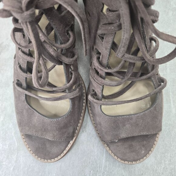 Vince Camuto Sandals Size 9 Taupe Suede Lace Up Gladiator Boho Chunky Block Heel - Picture 9 of 10